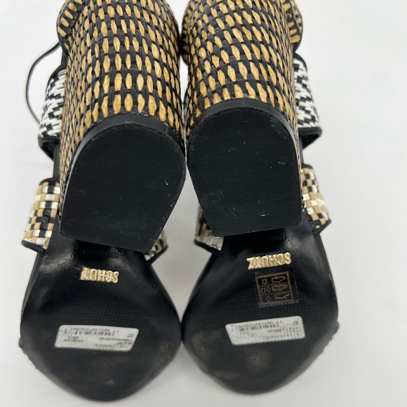 Schutz Woven Raffia Block Heel Lace-Up Strappy Sandals Black/White Sz 7 - Picture 15 of 16